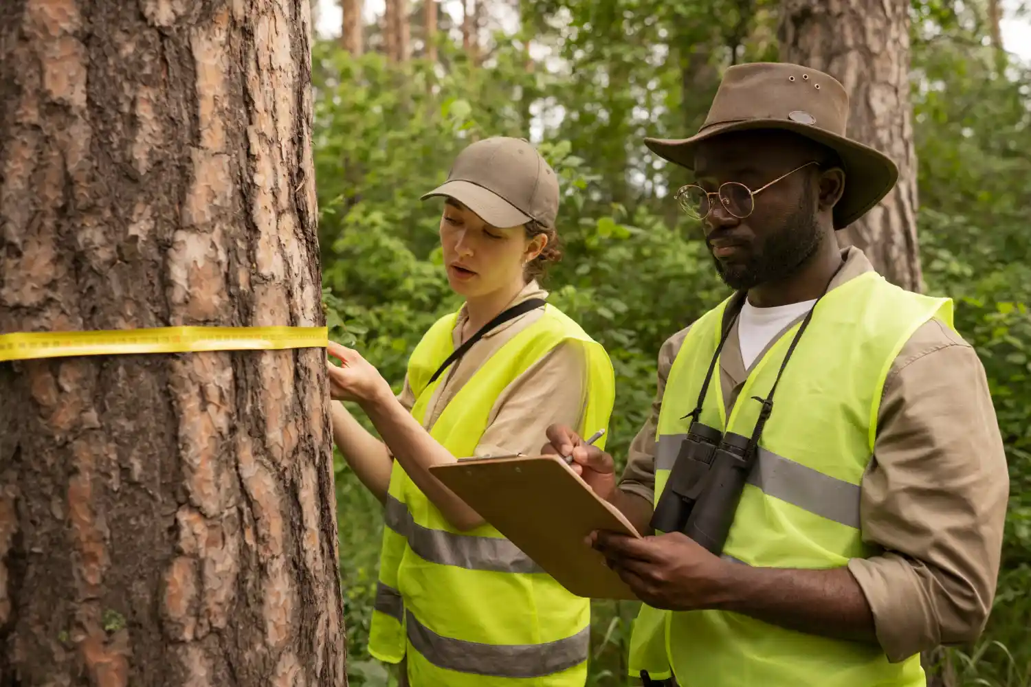 Forestry workers measuring timber and recording field data for Australian tax deductions and compliance
