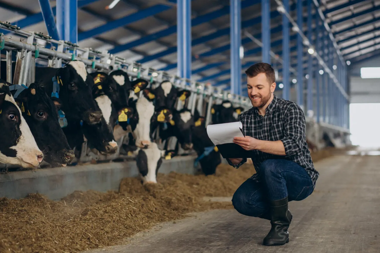 Livestock handler inspecting cattle in barn while recording expenses for Australian tax deductions